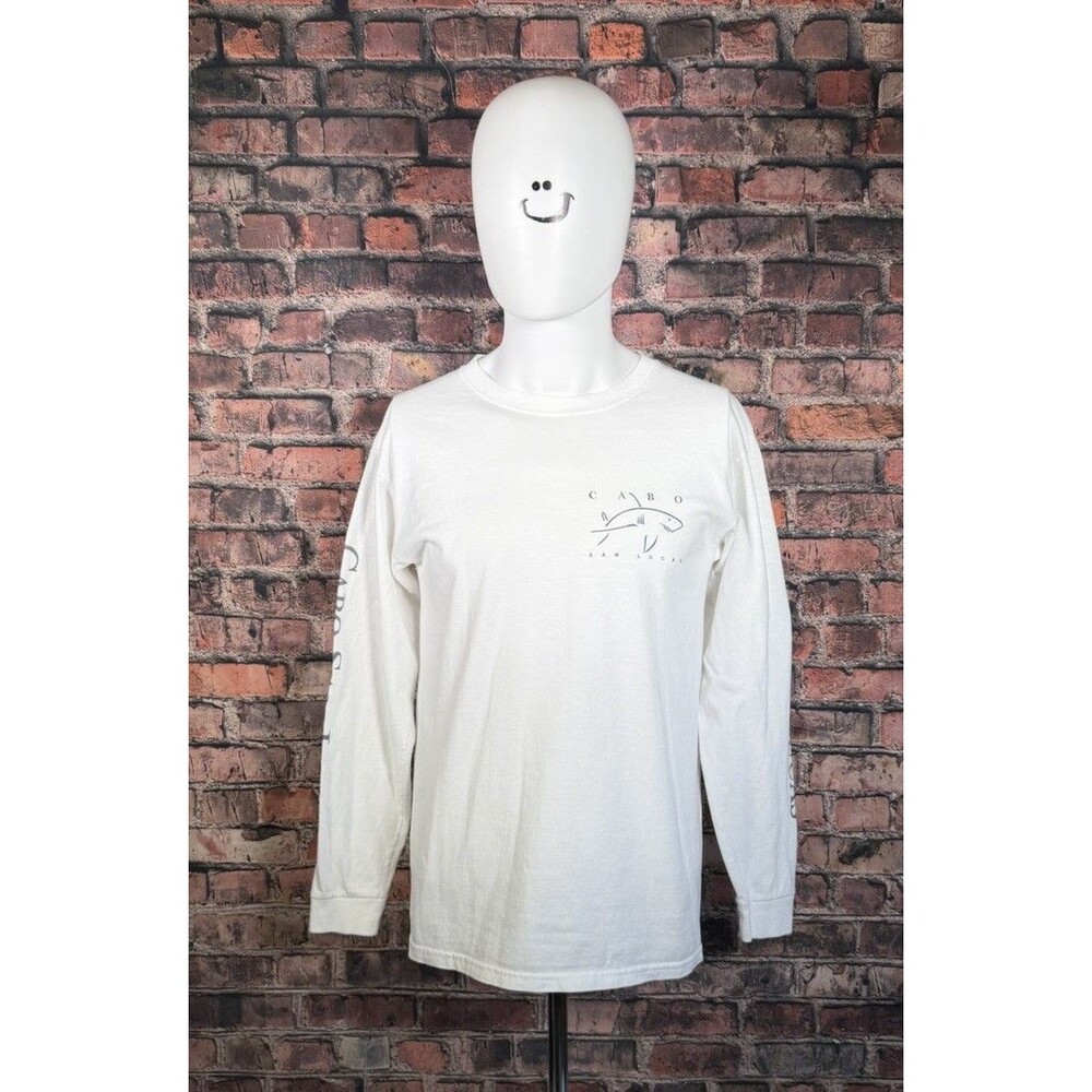 Yazbek Men M White Long Sleeve Crew Neck Cotton Knit Cabo Shark Graphic Tee